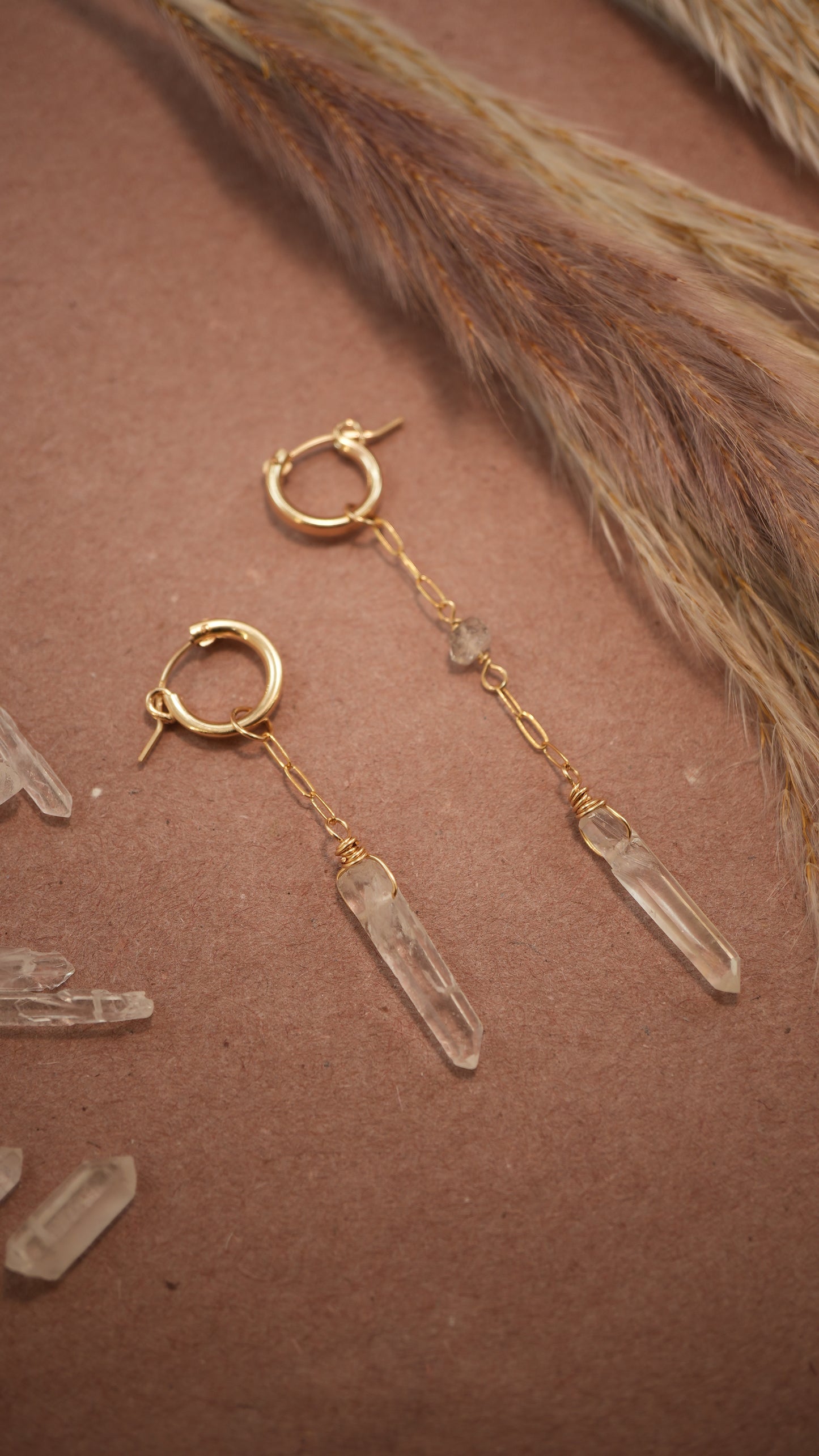Sunburst Huggers 14K Gold Filled Clear Quartz & Herkimer Diamond || Asymmetrical Earrings ||