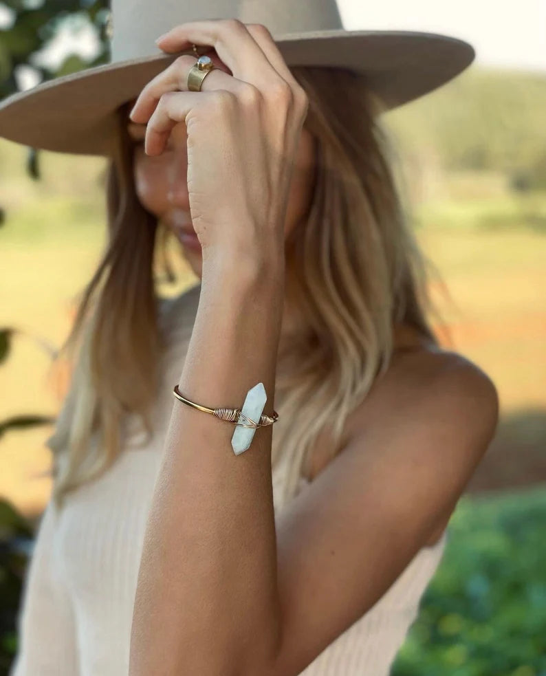 Smokey Clouded Quartz Cuff Bracelet Golf Filled || Adjustable Double Point Crystal Bracelet || Crystal Cuff || Brass + Gold Filled