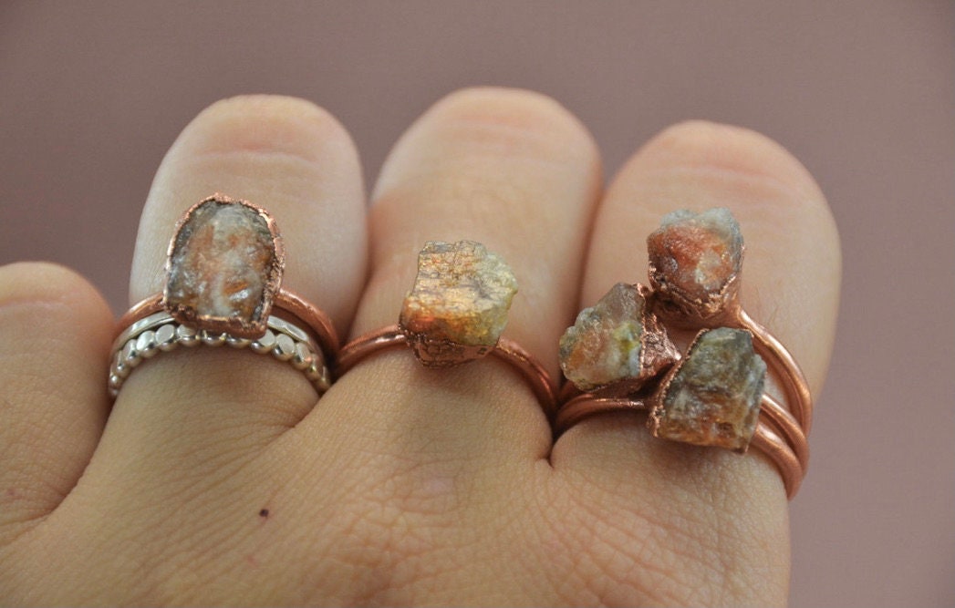 Raw Sunstone Copper Stone Ring || Raw Sunstone Ring ||