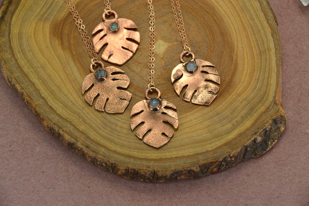 Monstera Leaf Necklace || Handmade Monstera Necklace || Copper & 14K Rose Gold Filled