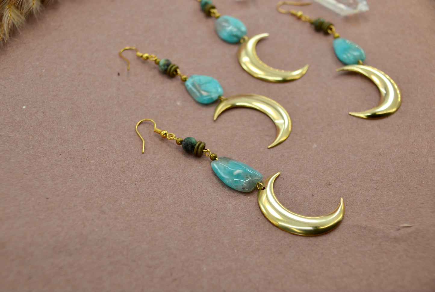 Dangling Crescent Moon Earrings || Turquoise Moon Earrings || Amazonite Earrings