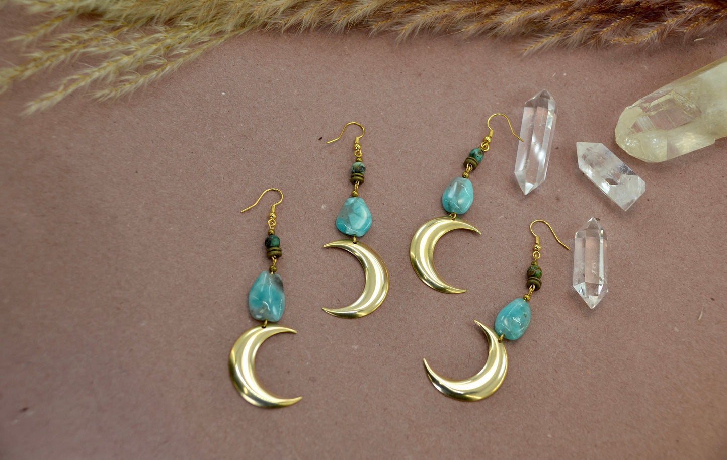 Dangling Crescent Moon Earrings || Turquoise Moon Earrings || Amazonite Earrings