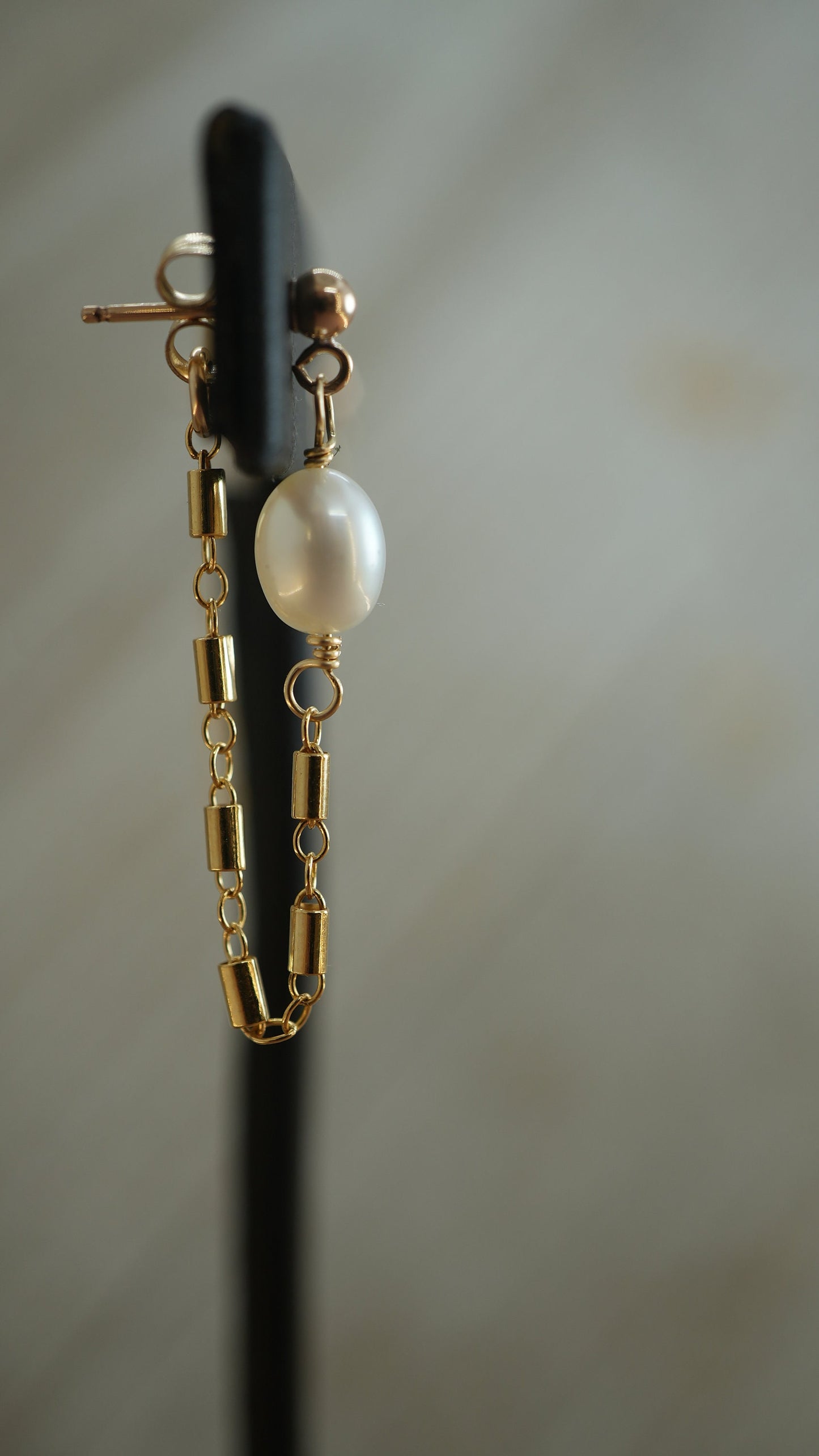 Gold Pearl Post Chain Hoops ||  14K Gold Filled Earrings || Dangling Pearl Earrings