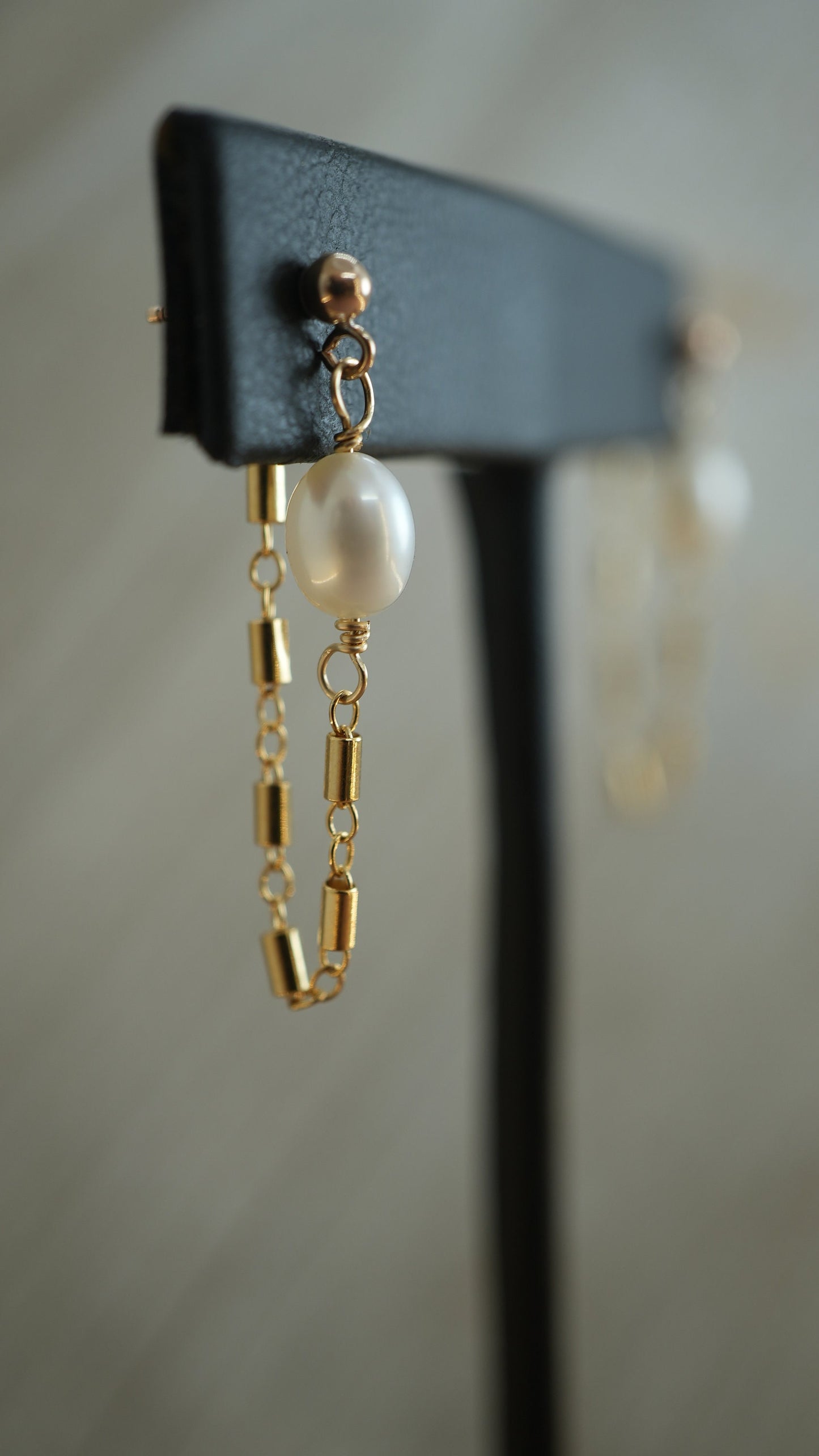 Gold Pearl Post Chain Hoops ||  14K Gold Filled Earrings || Dangling Pearl Earrings