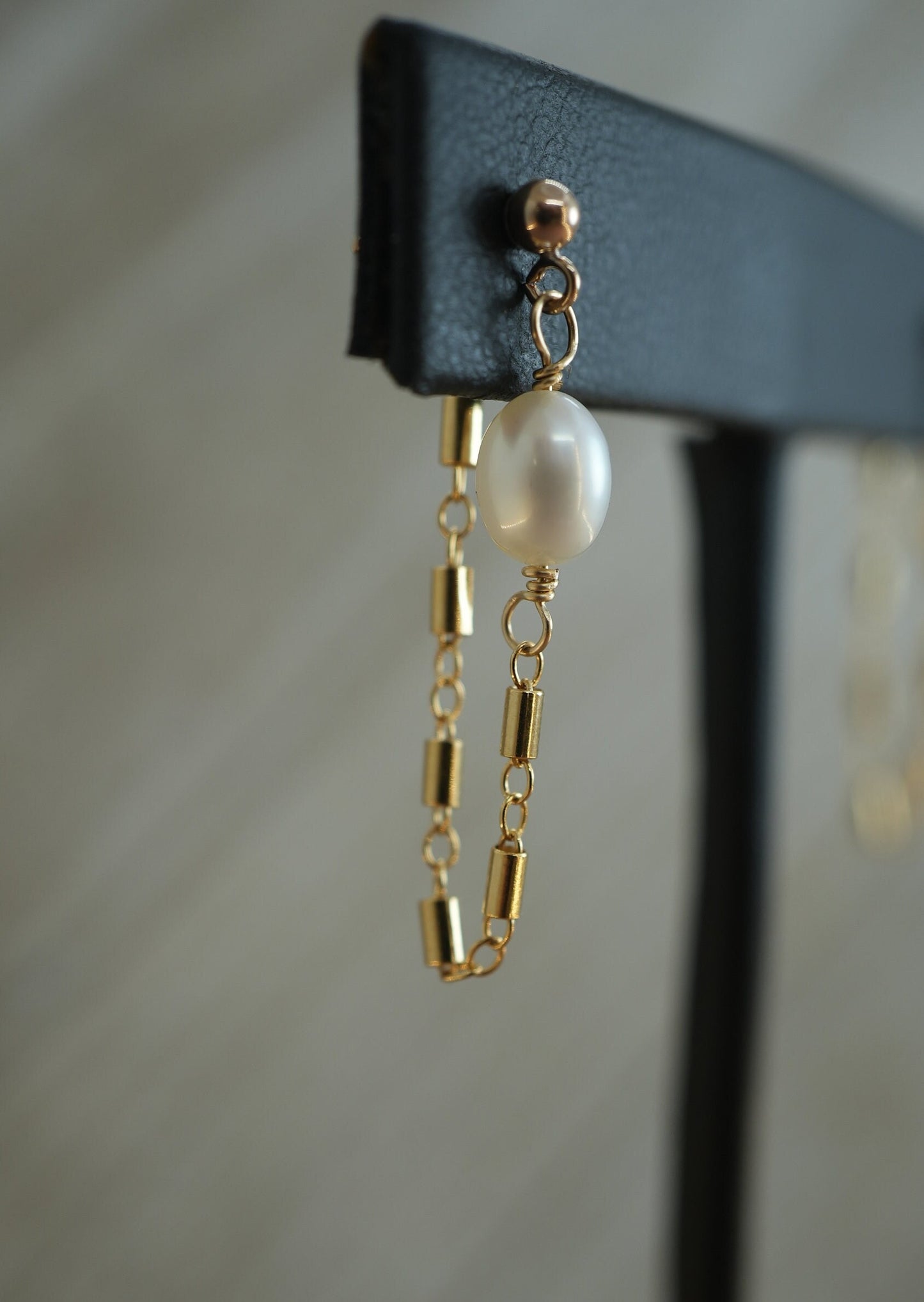 Gold Pearl Post Chain Hoops ||  14K Gold Filled Earrings || Dangling Pearl Earrings