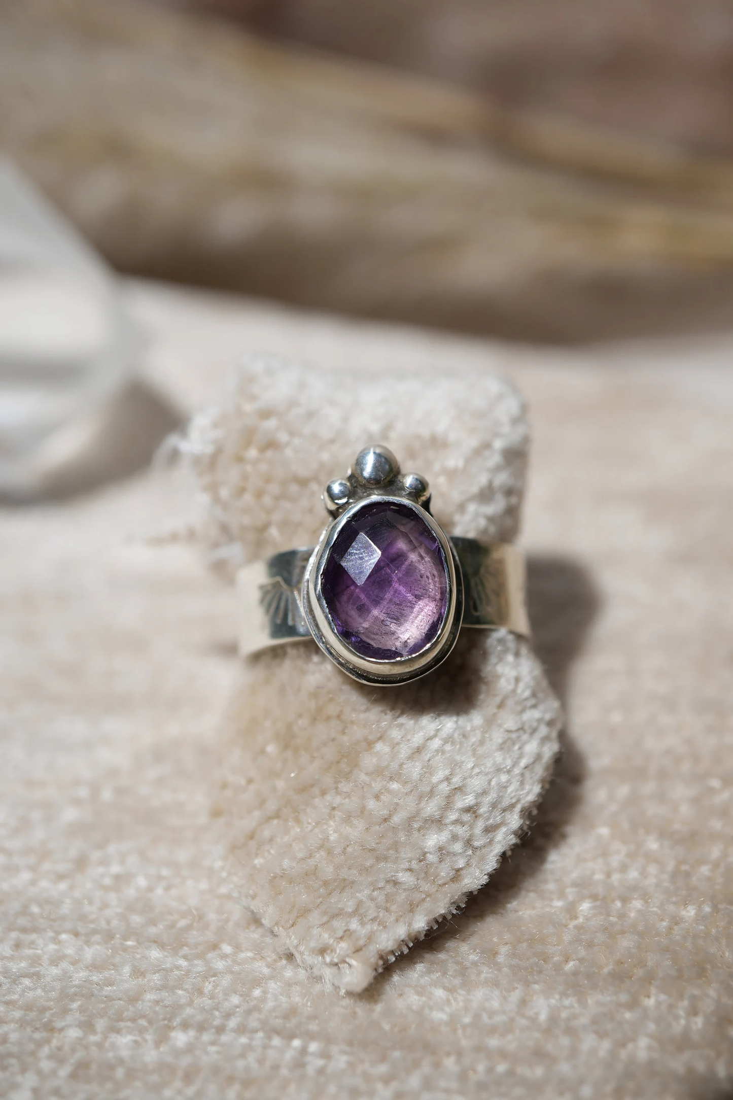 Sterling Silver Amethyst Faceted Ring || Aquarius February Birthstone || Rose Cut Amethyst Stone || Sterling Silver Ring || Bohemian Ring